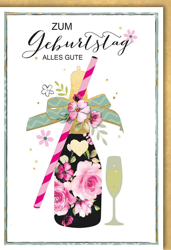 Geburtstagskarte für Frauen - Elegante Doppelkarte mit Blumen & Sektglas, Festliche Glückwünsche zum Geburtstag, Cheers Motiv