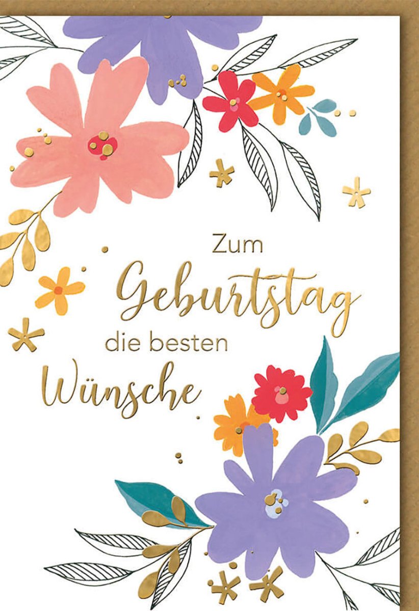 Geburtstagskarte für Frauen - Elegante Doppelkarte mit handgemaltem Blumenmuster, bunten & goldenen Akzenten, stilvolles Design in Rosa & Gold, Florale Geburtstagsgrüße, Zielgruppe Damen