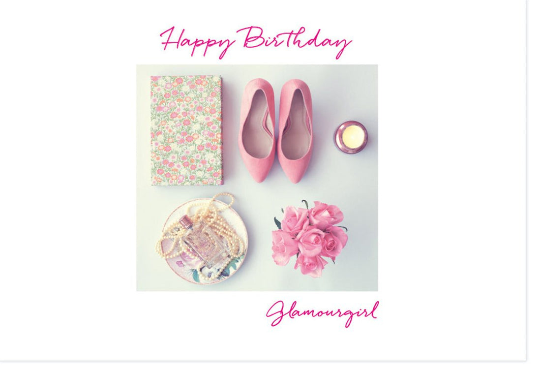 Geburtstagskarte für Frauen - Elegante Doppelkarte mit rosa Schuhen, Blumen & Kerze, Glanzvolles Geschenk mit stilvollem Design, Herzliche Glückwünsche