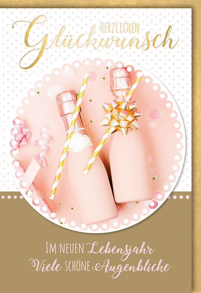 Geburtstagskarte für Frauen - Elegante Doppelkarte mit Sektflaschen, Rosa & Gold Schleife, Glückwunsch Geschenk