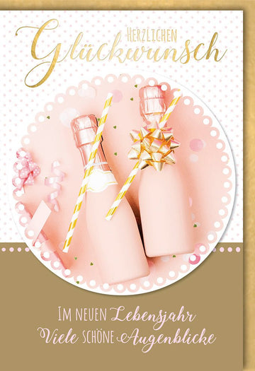 Geburtstagskarte für Frauen - Elegante Doppelkarte mit Sektflaschen, Rosa & Gold Schleife, Glückwunsch Geschenk