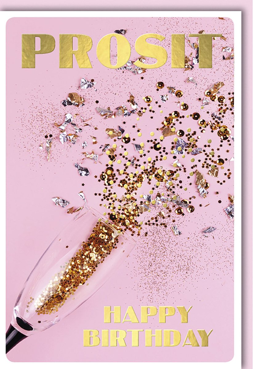 Geburtstagskarte für Frauen - Elegante Glitzer Doppelkarte mit Prost Champagner Motiv, Happy Birthday Feier Party Design in Pink und Gold, Edle Grußkarte