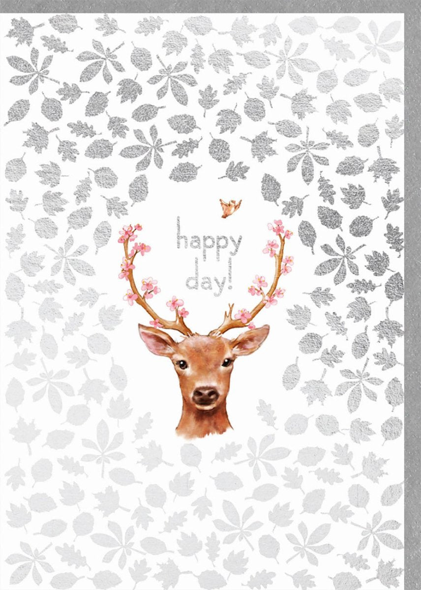 Geburtstagskarte für Frauen - Elegante Glückwunschkarte mit Hirsch & Blumenmuster, Natur - und Tiermotiv, Festliche Doppelkarte für Sie, Happy Day Grußkarte