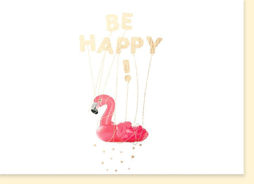 Geburtstagskarte für Frauen - Flamingo "Be Happy" Motiv in Rosa & Gold mit Luftballons - Glückwunsch Doppelkarte mit Trendiger Dekoration
