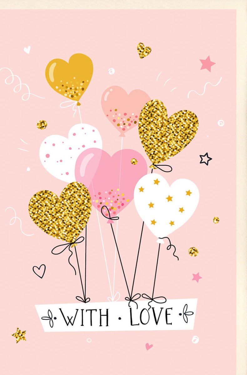 Geburtstagskarte für Frauen - Glitzernde Herz & Ballons Motive in Rosa und Gold, Liebevolle Gratulations - Doppelkarte