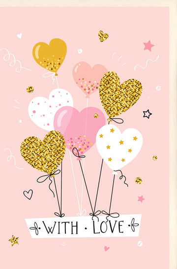 Geburtstagskarte für Frauen - Glitzernde Herz & Ballons Motive in Rosa und Gold, Liebevolle Gratulations - Doppelkarte