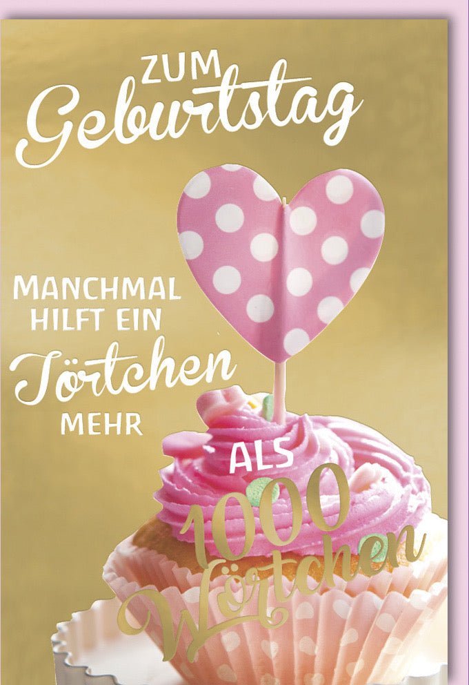 Geburtstagskarte für Frauen - Glückwunschkarte mit Cupcake & Herz, Polkadots in Rosa und Gold, Eleganter Schriftzug zur Feier & Gratulation