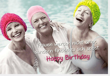Geburtstagskarte für Frauen - Lustiger Spruch über Alter & Schwimmen, Witzige Glückwunschkarte mit Badekappe - Motiv, Humorvolle Happy Birthday Karte, Freundschaft & Spaß, Originelles Geschenk - Design