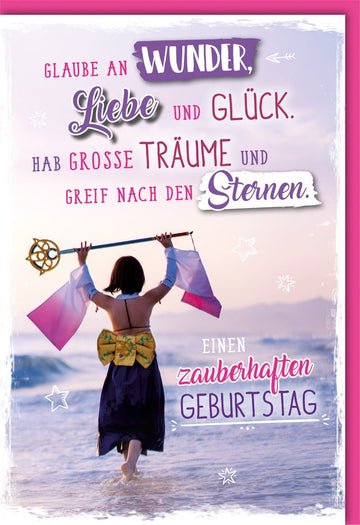 Geburtstagskarte für Frauen & Mädchen - Kriegerin des Meeres, Glück & Wunder, Träume unter Sternen - Zauberhafte Rosa Meerlandschaft mit Strand & Sonnenuntergang, Magische Fantasy - Meerjungfrau Grußkarte, Inspirierendes Geschenk zur Feierlichkeit