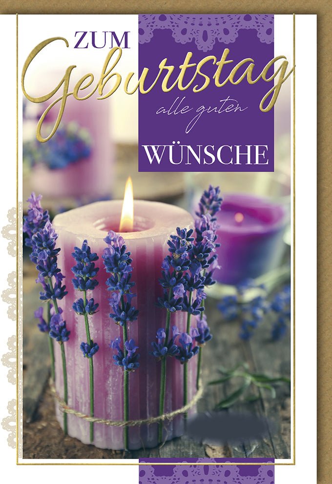 Geburtstagskarte für Frauen mit lila Kerze Lavendelblüten und goldener Schrift Zum Geburtstag alle guten Wünsche romantische Karte für besondere Anlässe mit Umschlag