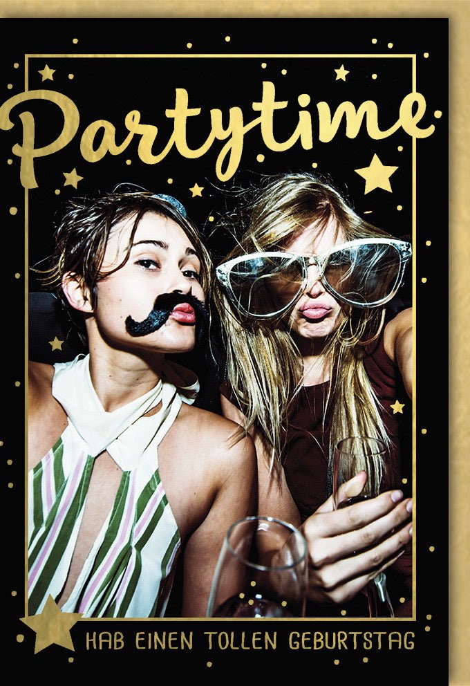 Geburtstagskarte für Frauen - Partytime Cheers! Spaßige Doppelkarte mit Sektgläsern, Stylish & Lustig, Glückwünsche zum Geburtstag