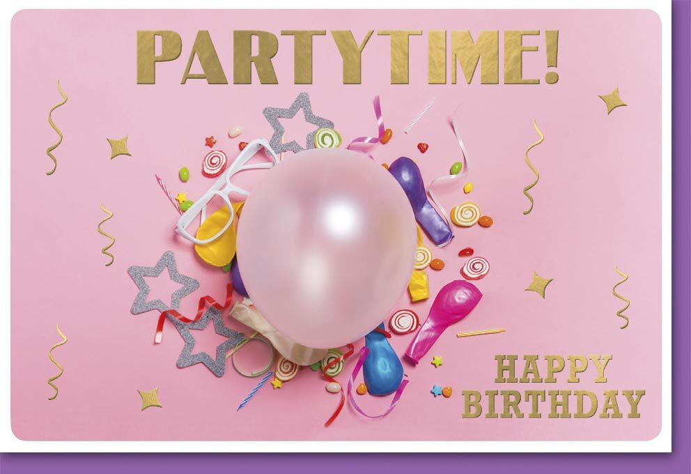Geburtstagskarte für Frauen - Partytime Happy Birthday Doppelkarte mit Glitzer Luftballons, Konfetti & Sternen in Pink und Lila, Ideales Geschenk für Freundin, Schwester oder Kollegin
