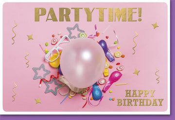 Geburtstagskarte für Frauen - Partytime Happy Birthday Doppelkarte mit Glitzer Luftballons, Konfetti & Sternen in Pink und Lila, Ideales Geschenk für Freundin, Schwester oder Kollegin