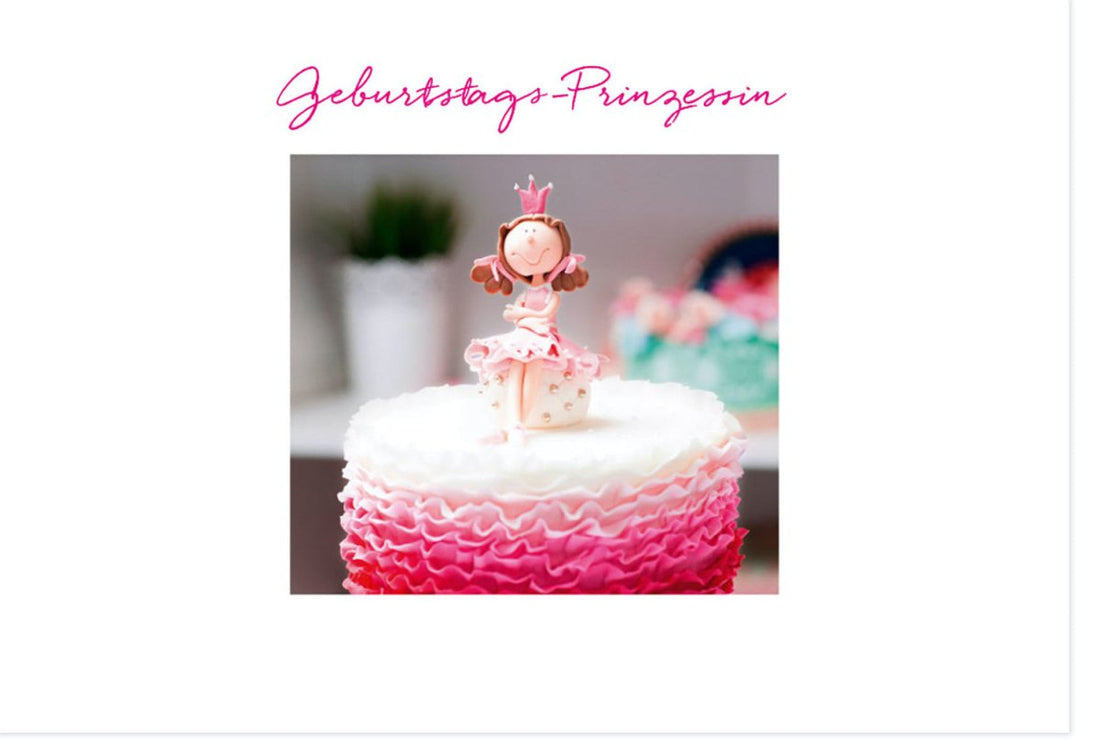Geburtstagskarte für Frauen - Prinzessin - Thema Glückwunschkarte mit Pinker Tortendeko, Festliche Feier - Doppelkarte