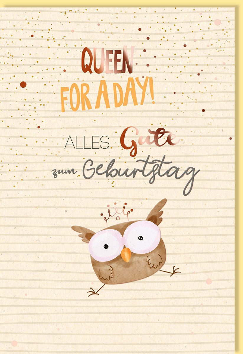Geburtstagskarte für Frauen "Queen Eule" - Festliche Glückwunschkarte aus Zuckerrohrpapier in Beige & Gold, Umweltfreundlich & Originell, Perfekte Geschenkidee für Freundin, Schwester oder Mutter