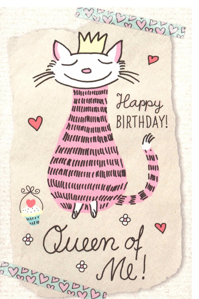 Geburtstagskarte für Frauen - Queen Katze Humorvolle Glückwunschkarte, Pink mit Herzen Illustration