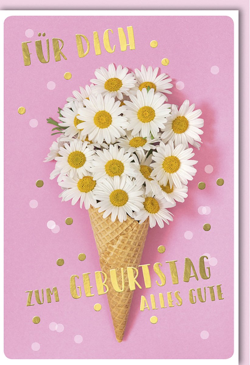 Geburtstagskarte für Frauen - Rosa Goldene Waffel & Gänseblümchen Design, Glückwunsch Doppelkarte mit Konfetti & Blumenstrauß Motiv, Kreativ & Originell