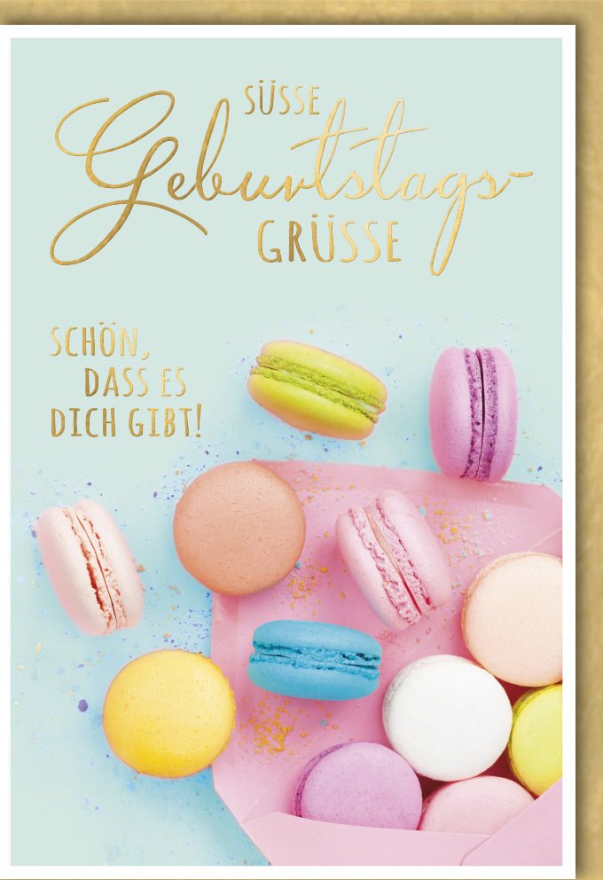 Geburtstagskarte für Frauen: Süße Macarons & Spruch in Pastell - Glückwunsch Doppelkarte mit Charme