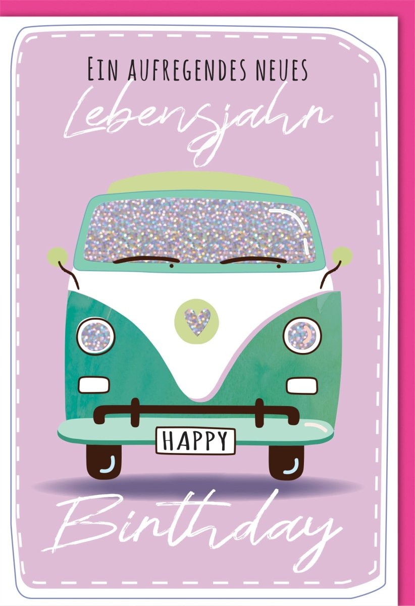 Geburtstagskarte für Frauen - Vintage Auto mit Glitzer, Retro Fahrzeug Design in Lila & Flieder, Glückwunsch zum Geburtstag, Festliche Doppelkarte mit Umschlag, Happy Birthday Jubiläumskarte, Ideal als Geschenk & Gratulation zum Lebensjahr