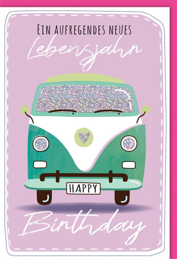 Geburtstagskarte für Frauen - Vintage Auto mit Glitzer, Retro Fahrzeug Design in Lila & Flieder, Glückwunsch zum Geburtstag, Festliche Doppelkarte mit Umschlag, Happy Birthday Jubiläumskarte, Ideal als Geschenk & Gratulation zum Lebensjahr