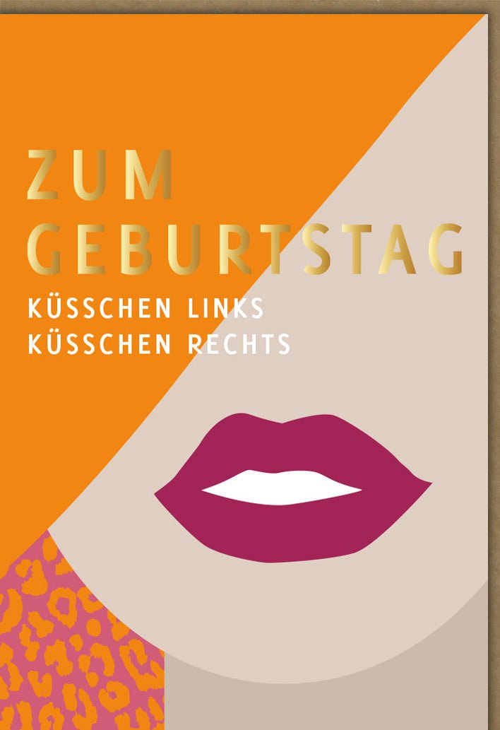 Geburtstagskarte für Frauen - Witzige Glückwunschkarte mit Spruch "Küsschen" in Orange, Humorvolle Lippen - Design Doppelkarte, Farbenfrohe Gratulationskarte zum Geburtstag für Freundin, Schwester oder Kollegin