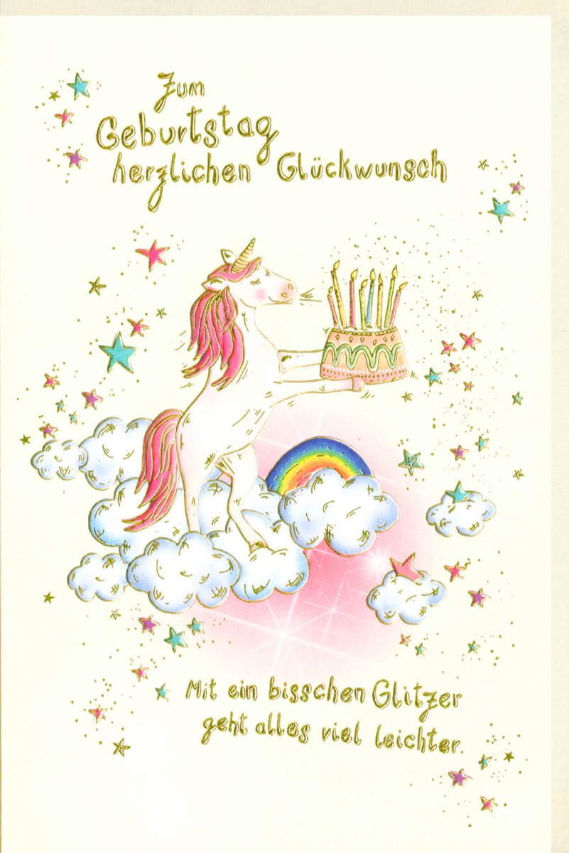 Geburtstagskarte für Frauen - Zauberhaftes Einhorn mit Glitzer, Regenbogen, Torte, Wolken & Sternen Magie Doppelkarte