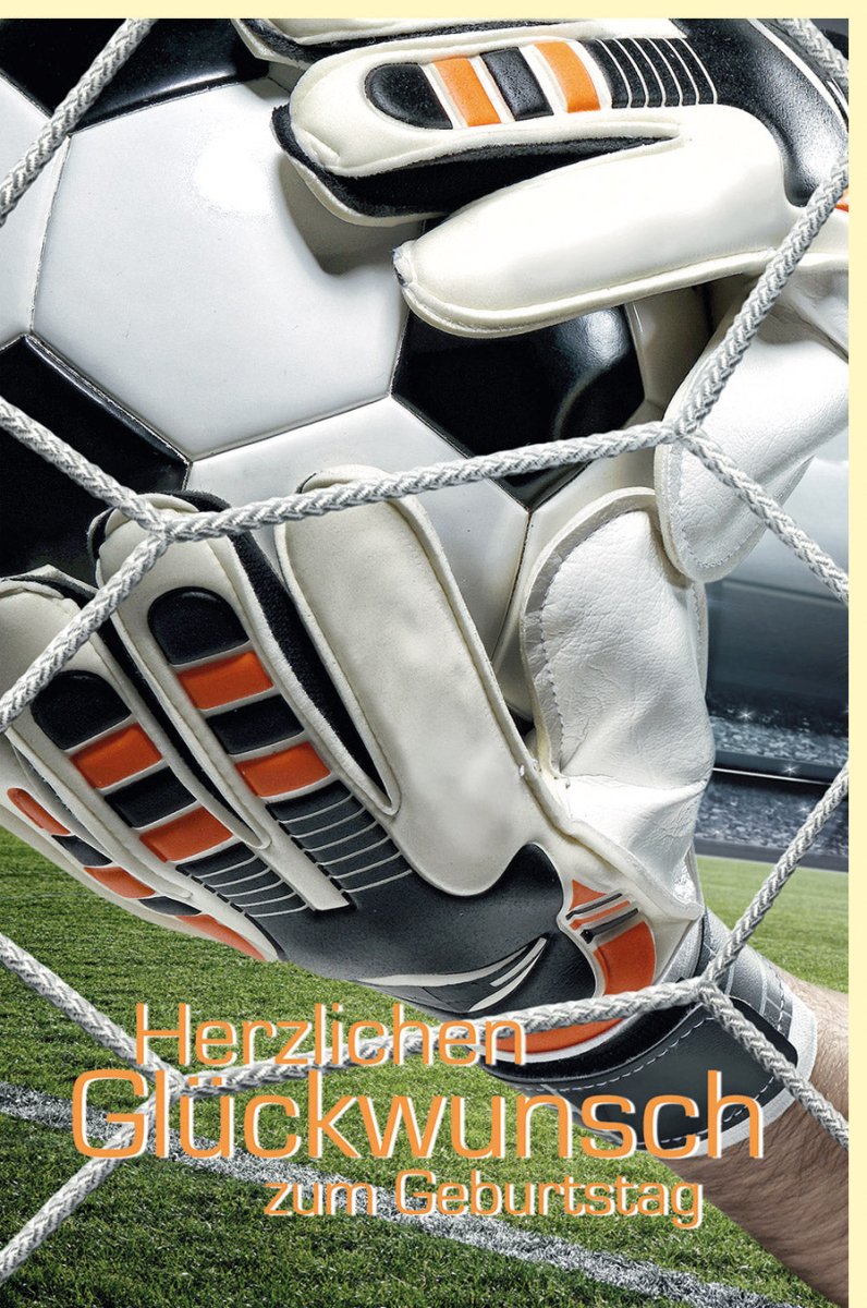 Geburtstagskarte für Fußballfans – Torwart mit Handschuhen und Ball im Netz Design, Sportliche Glückwunschkarte in Grün und Weiß, Ideal für Fußballbegeisterte, Feldspiel - Motiv mit Torwarthänden – Perfekt für jeden Anlass