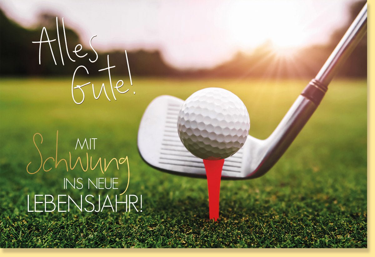 Geburtstagskarte für Golfer - Elegante Doppelkarte mit Naturmotiv, Golf & Sonnenschein Schriftzug, Grüne Outdoor Gratulationskarte