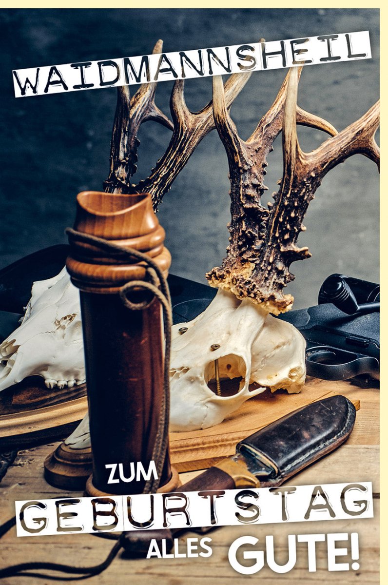 Geburtstagskarte für Jäger - Rustikale Doppelkarte mit Hirschgeweih & Jagdhorn, Stilvolle Glückwünsche in Grün/Braun, Naturverbundenes Design für Männer, Waidmannsheil zum Geburtstag, Outdoor - & Waldliebhaber, Elegante Jagdthemen - Karte