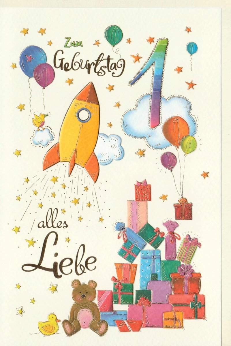 Geburtstagskarte für Kinder - 1. Geburtstag Glückwunschkarte mit bunten Luftballons, Geschenken, Rakete & Teddy