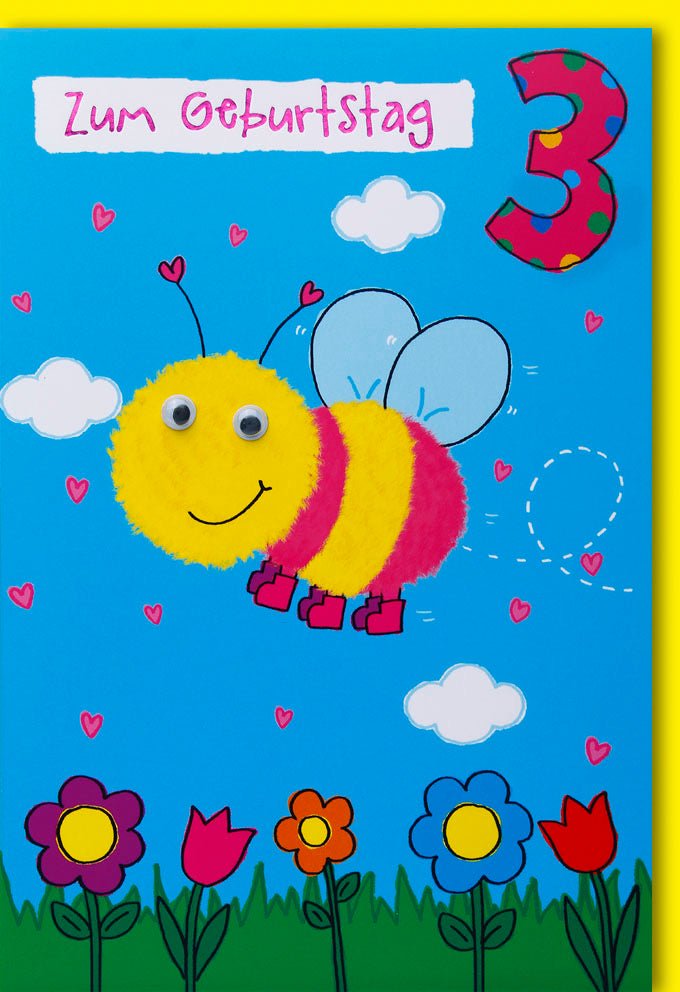 Geburtstagskarte für Kinder - 3. Geburtstag, Lustige Biene & Zahl Drei, Bunte Glückwunschkarte mit Herzchen und Blumenwiese