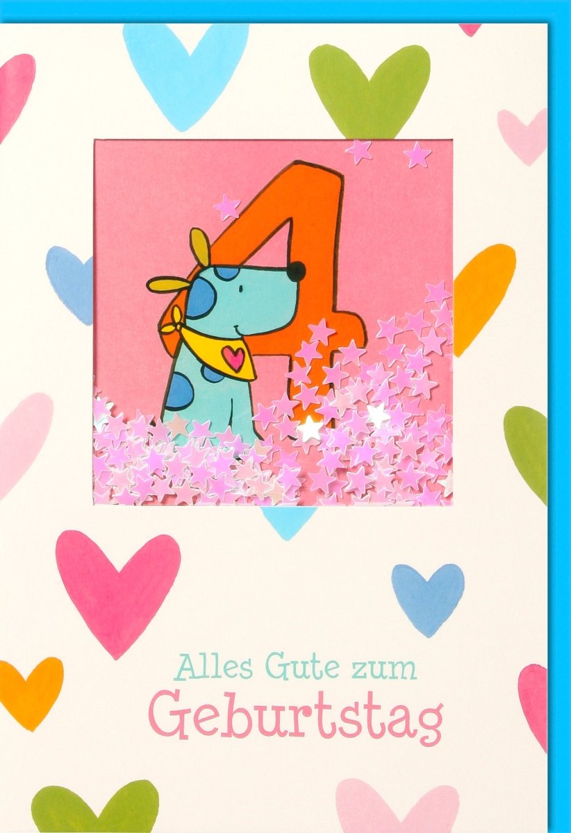 Geburtstagskarte für Kinder - 4. Geburtstag mit blauem Hund, gelbem Tuch & Herzchen, Bunte Cartoon - Glückwunschkarte mit Herzen Muster