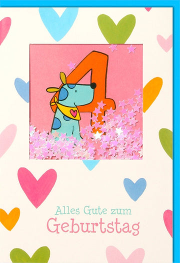 Geburtstagskarte für Kinder - 4. Geburtstag mit blauem Hund, gelbem Tuch & Herzchen, Bunte Cartoon - Glückwunschkarte mit Herzen Muster