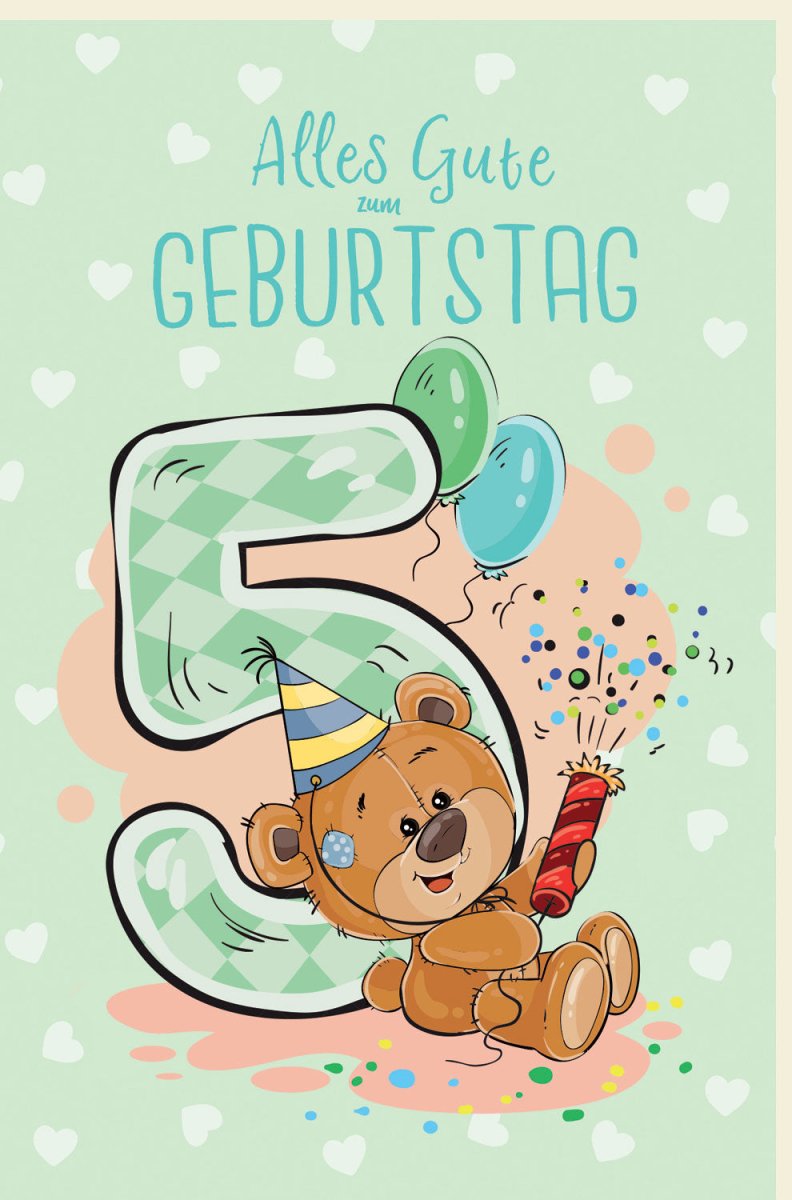 Geburtstagskarte für Kinder: 5. Geburtstag Teddybär & Luftballons - Bunte Herzchen Illustration im Cartoon - Stil, Spaß & Freude Doppelkarte