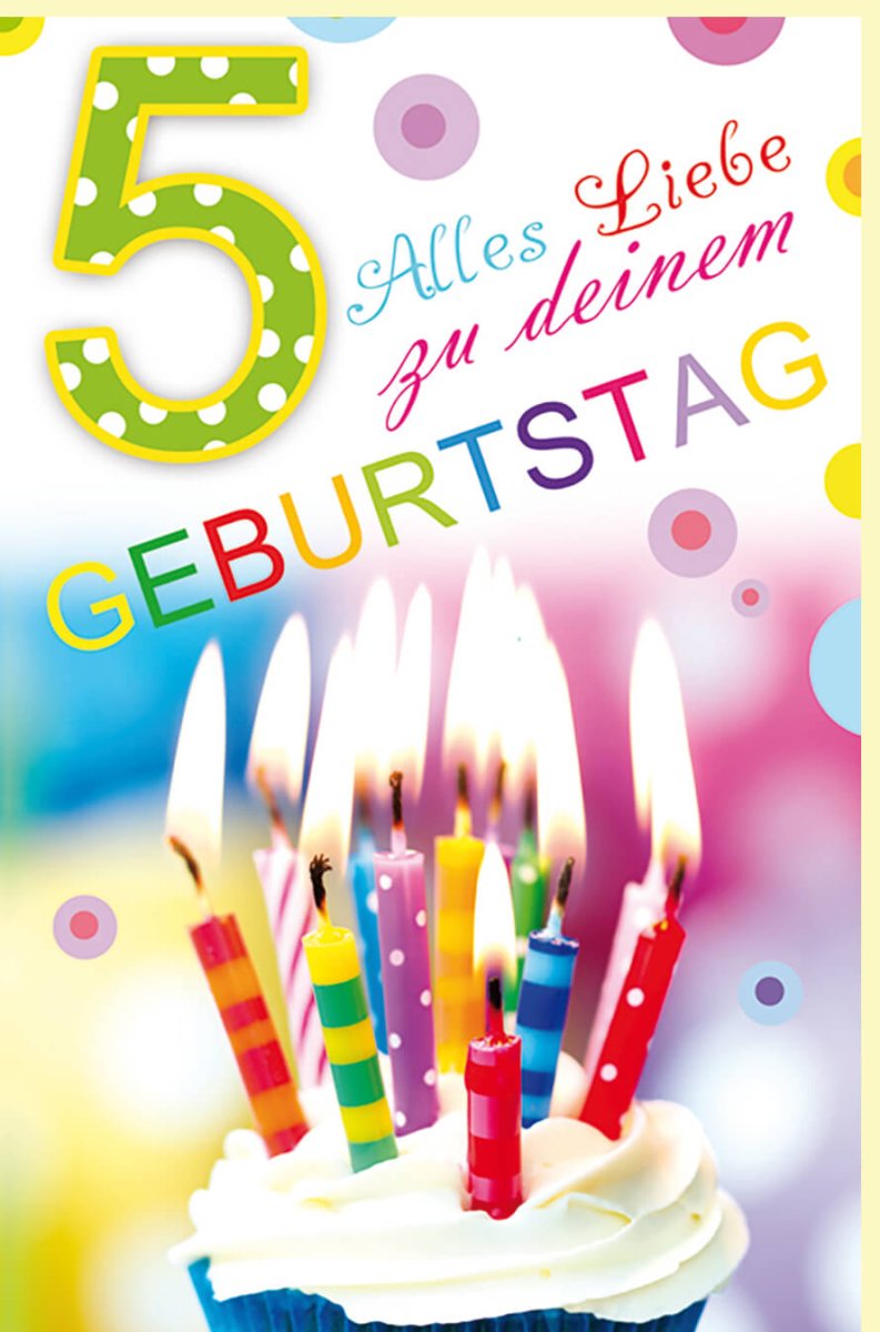 Geburtstagskarte für Kinder 5 Jahre - Bunte Kerzen & Torte Design, Fröhliche Glückwunsch - Doppelkarte zum Jubiläum & Fest