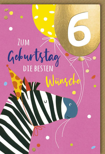 Geburtstagskarte für Kinder 6 Jahre - Zebra & Luftballons Illustration, Bunte Glückwunsch Doppelkarte, Party Motiv von Galerie Dominique