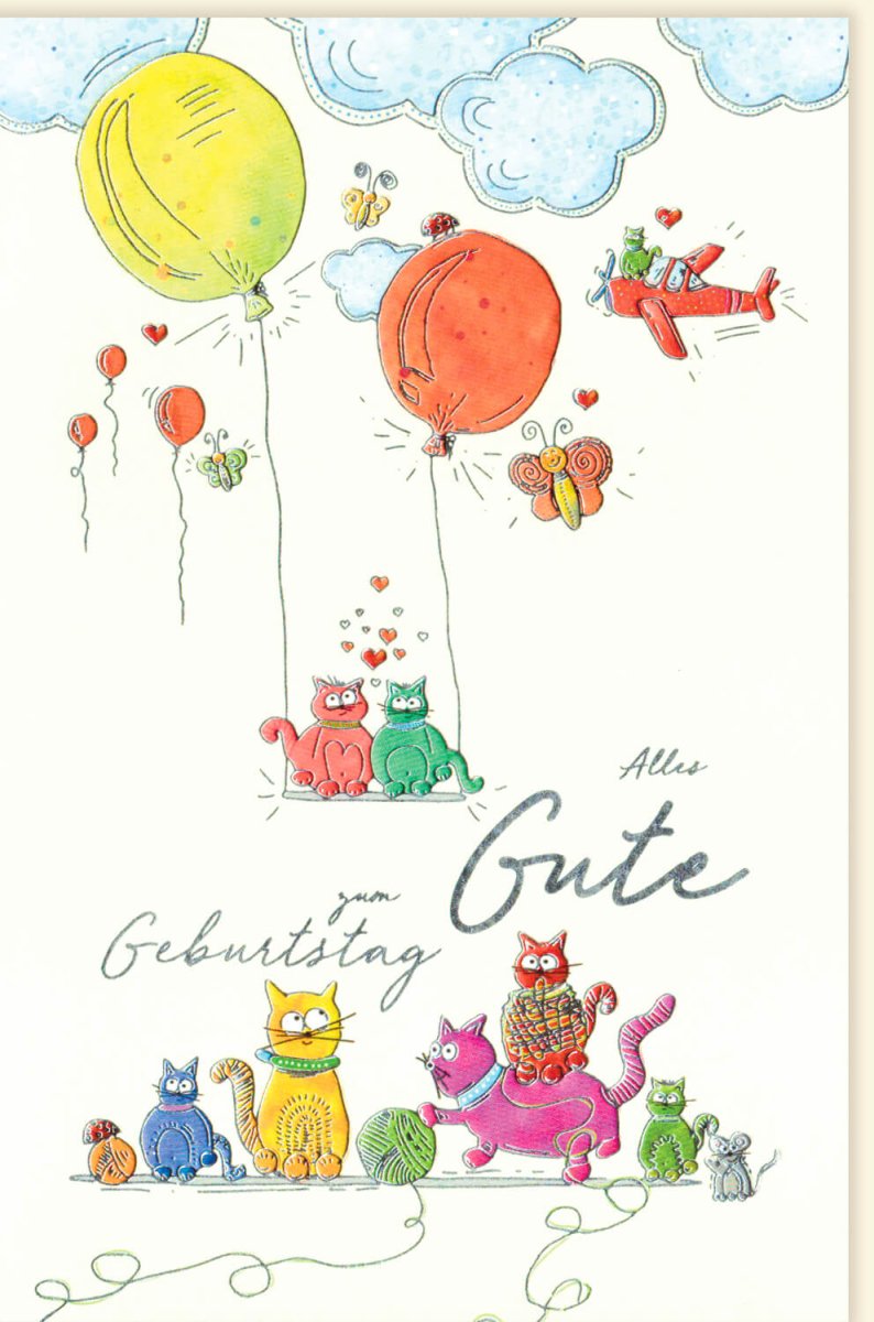 Geburtstagskarte für Kinder: Bunte Ballons & Tiere, Fröhliche Katzen Illustration, Glückwünsche Doppelkarte mit Umschlag