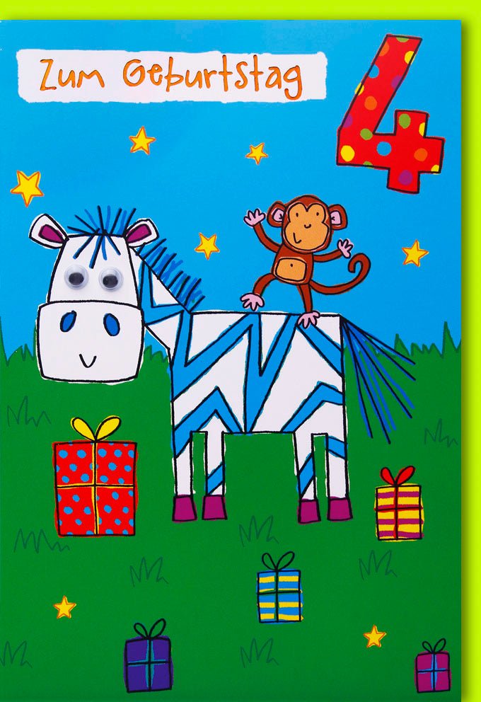 Geburtstagskarte für Kinder - Bunte Doppelkarte mit Zebra & Affe, Fröhliche Glückwunsch - Gratulation