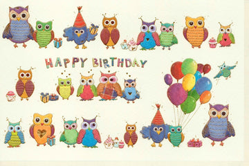 Geburtstagskarte für Kinder: Bunte Eulen - Party Doppelkarte mit Luftballons, Geschenken & Spaß - Niedliche Glückwunschkarte mit Tiermotiv Illustration