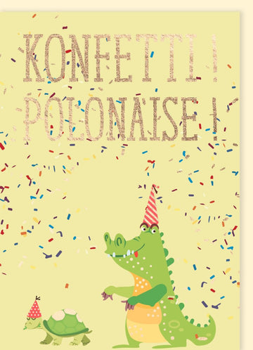 Geburtstagskarte für Kinder - Bunte Konfetti Polonaise mit Krokodil & Schildkröte, Lustige Party Illustration, Gruß & Glückwunsch Doppelkarte