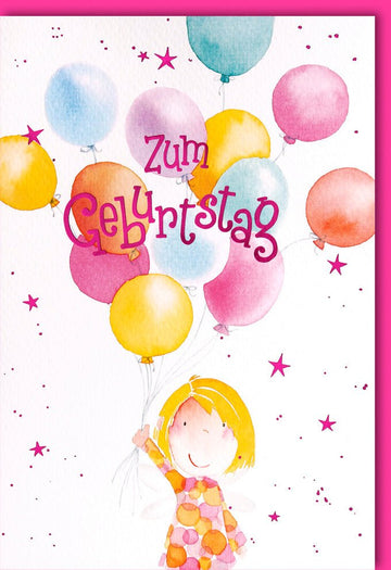 Geburtstagskarte für Kinder: Bunte Luftballons und fröhliche Illustrationen - Glückwunschkarte zum Kindergeburtstag für Mädchen, Festliche Grußkarte mit Jubel & Spaß Motiven, Freude & Gratulation Doppelkarte