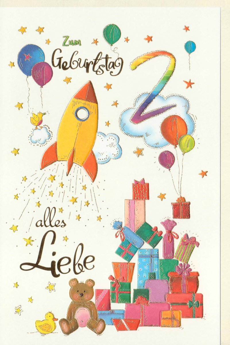 Geburtstagskarte für Kinder - Bunte Rakete, Ballons & Teddy - Glückwünsche mit Ente, Sternen & Spaß - Cartoon - Illustration