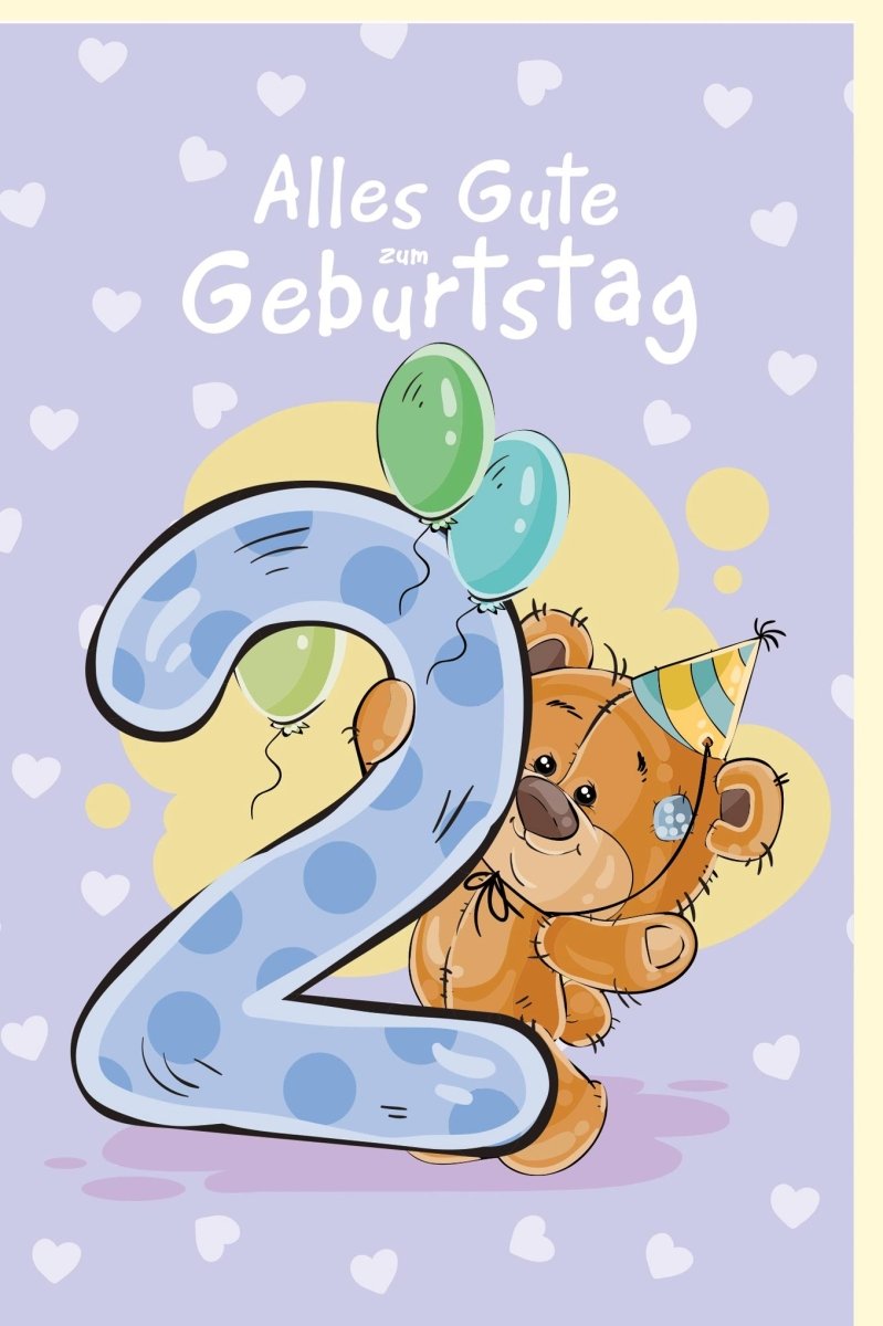Geburtstagskarte für Kinder: Bunte Zahlenkarte mit Teddybär & Luftballons - Glückwunschkarte zum 2. Geburtstag, Herzchen - Design