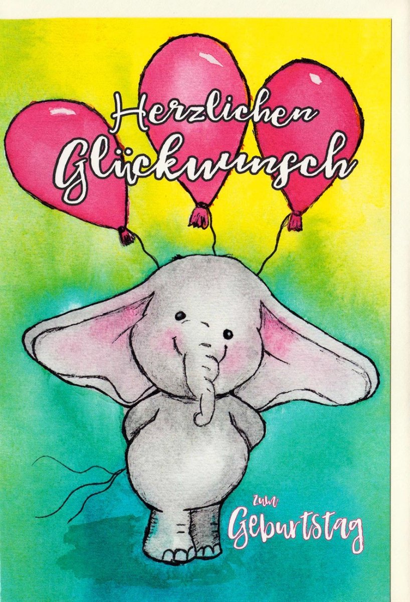 Geburtstagskarte für Kinder - Bunter Elefant mit Luftballons, Illustration, Glückwunsch Doppelkarte