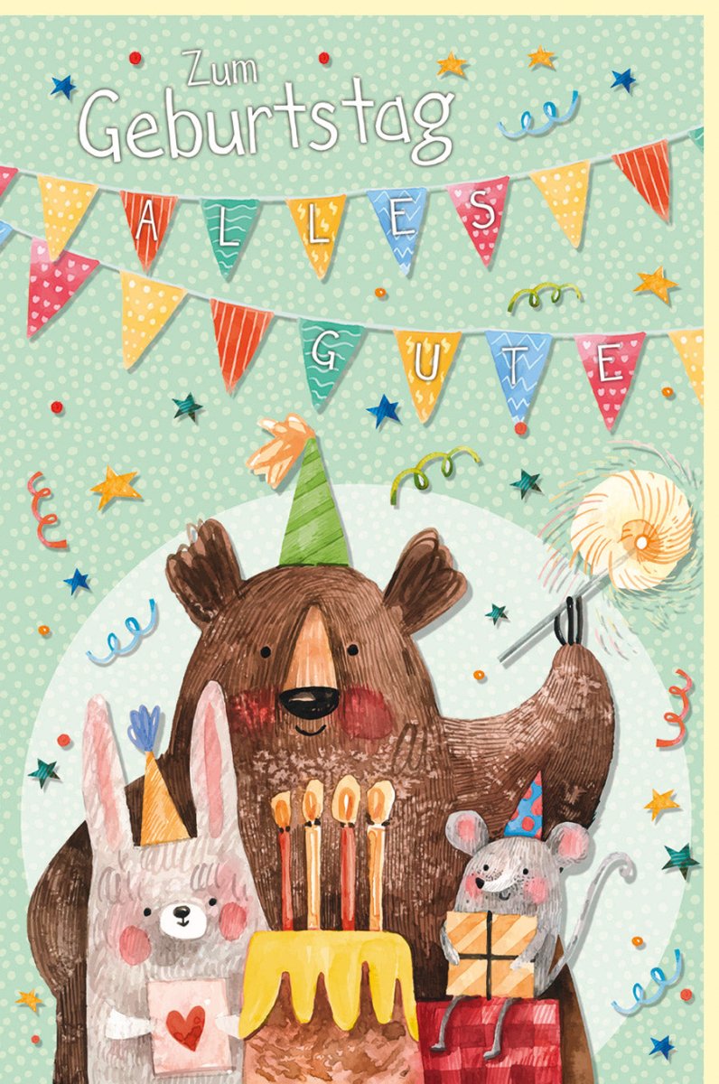 Geburtstagskarte für Kinder - Bunter Kuchen, Bär, Maus & Katze Illustration - Niedliche Glückwunschkarte mit Wimpelkette, Kerzen & Tieren - Fröhliche Party - Doppelkarte für Mädchen & Jungen, Grün