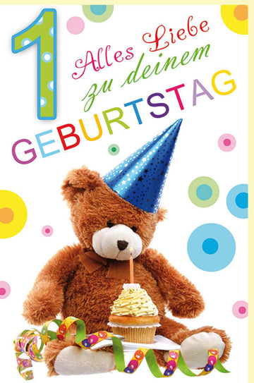 Geburtstagskarte für Kinder - Erster Geburtstag Teddybär mit Partyhut, Cupcake & Konfetti Design - Bunte Glückwunschkarte zur Feier des 1. Kindergeburtstags