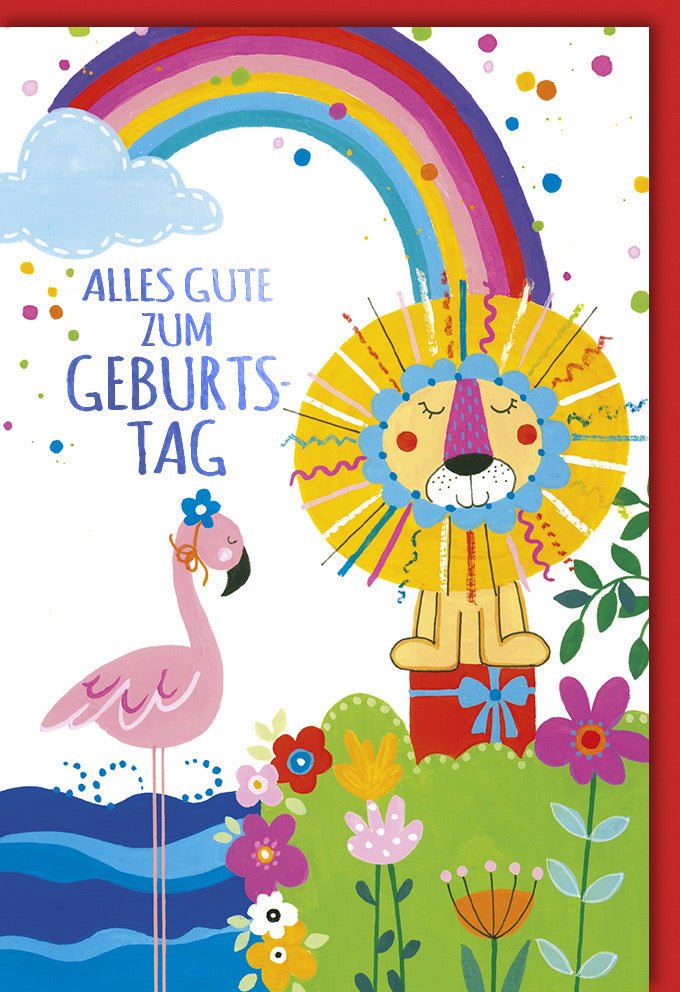 Geburtstagskarte für Kinder: Farbenfroher Löwe, Regenbogen & Vogel - Glückwunschkarte mit Wolken, Wasser & Blumenmotiven, Cartoon Illustration