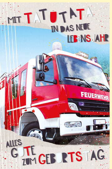 Geburtstagskarte für Kinder - Feuerwehr - Thema mit Feuerwehrauto, Tatütata - Sound & Spruch - Glückwunschkarte zum Geburtstag für Jungen, Rot - Erlebnisreiches Lebensjahr Wunsch