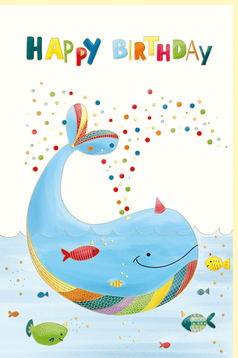 Geburtstagskarte für Kinder - Fröhliche Glückwunschkarte mit Goldfolie, Blindprägung, Waal & Meerestiere Motiv - Bunte Konfetti Party Einladungskarte für Jungen & Mädchen in Blau