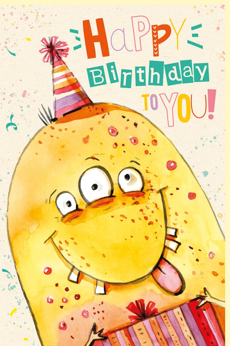 Geburtstagskarte für Kinder - Fröhliche Happy Birthday Doppelkarte aus Zuckerrohrpapier, Bunt und Lustig mit Partyhut & Konfetti Motiv, Niedlich für Jungen & Mädchen Kindergeburtstag Feier - Gelb